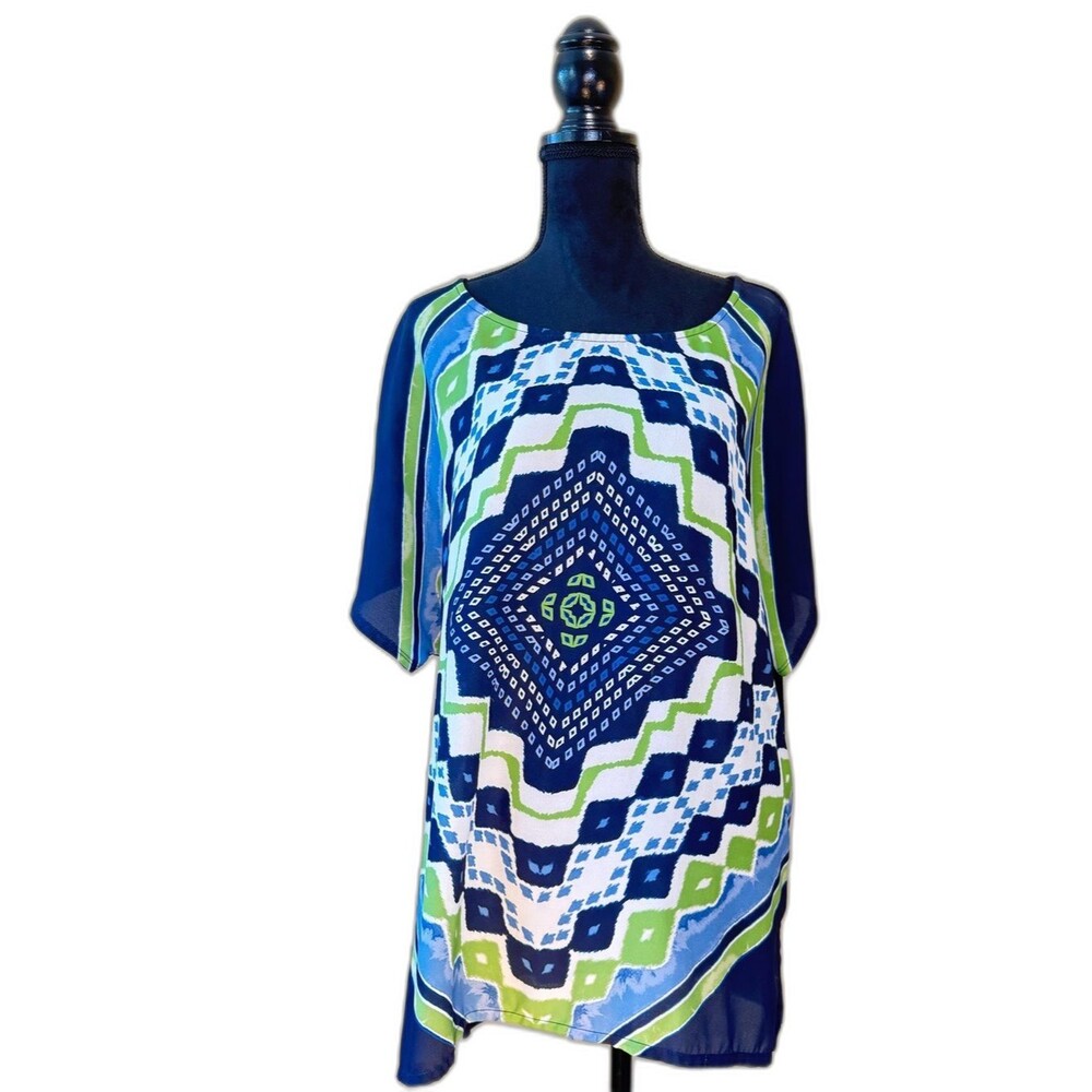 Chico's Zenergy Mixed Media Medallion Blouse Navy Green Size 4 2X 20W